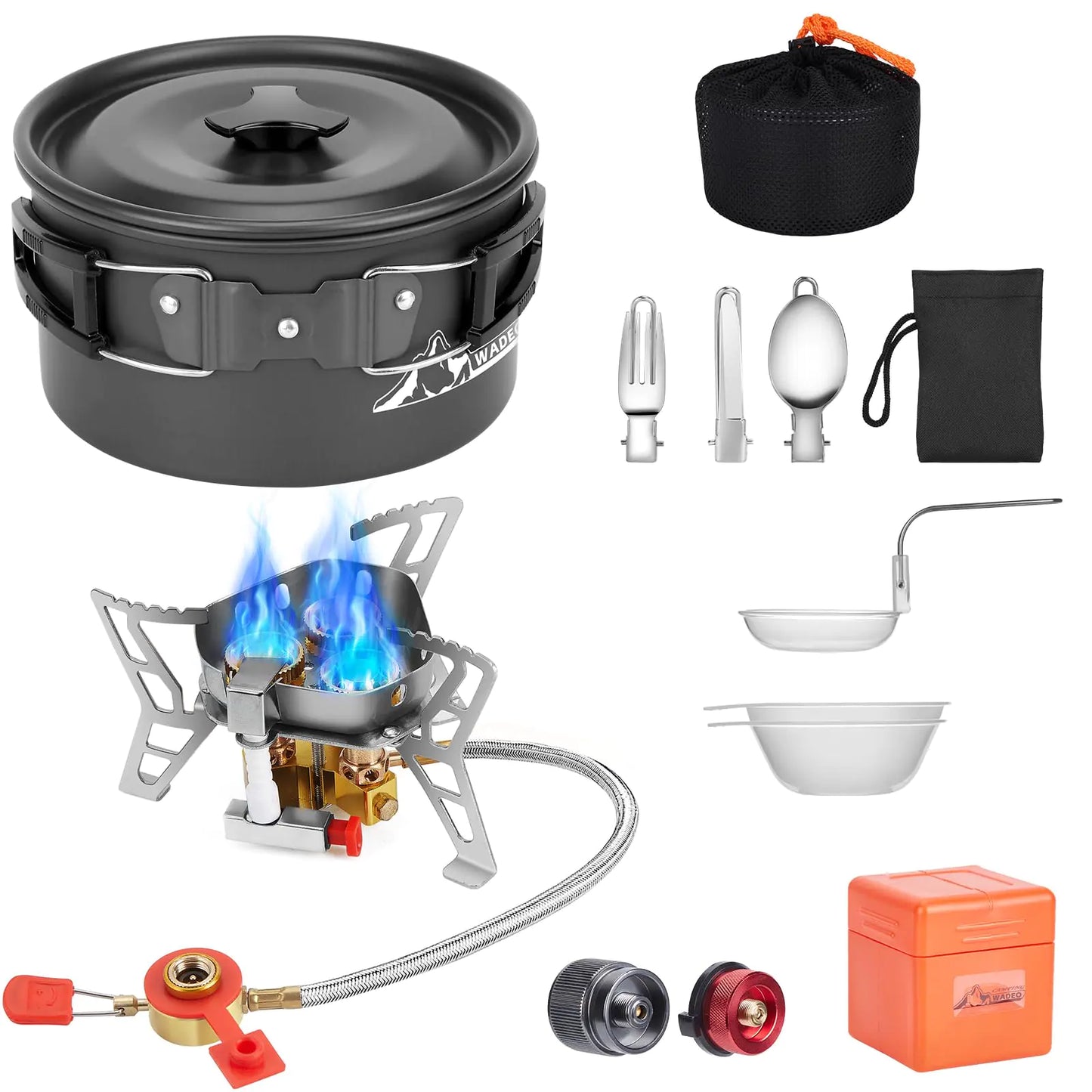 WADEO 6800W Windproof Camping Stove with Camping Pot Camping Cookware Kit with Camping Gas Stove Fuel Canister Adapters Knife Spoon Fork Bowl and Soup Spoon for Outdoor Backpacking Hiking Picnic