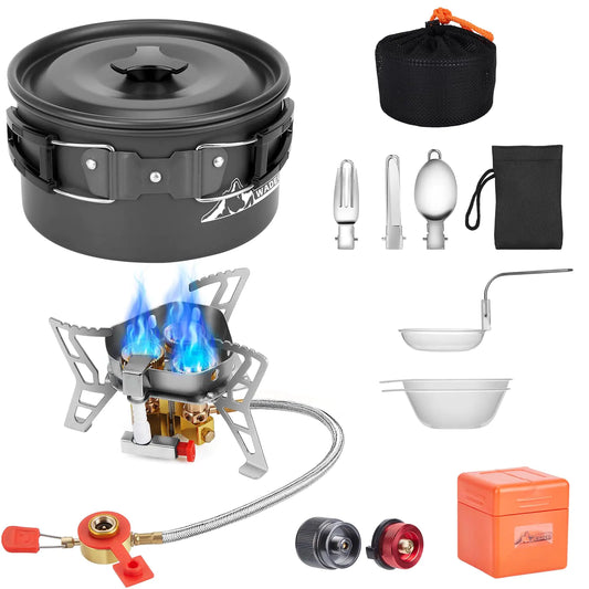 WADEO 6800W Windproof Camping Stove with Camping Pot Camping Cookware Kit with Camping Gas Stove Fuel Canister Adapters Knife Spoon Fork Bowl and Soup Spoon for Outdoor Backpacking Hiking Picnic